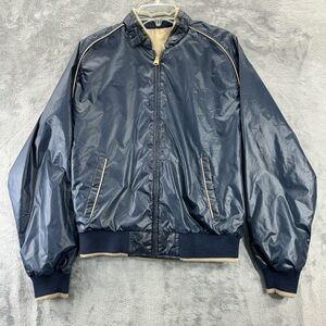 VTG Classic Directions Reversible Large Nylon Bomber Varsity Jacket Blue Khaki
